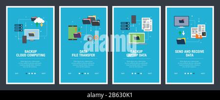Vector set of vertical web banners with backup cloud computing, backup laptop data, send and receive data.Vector banner template for website and mobil Stock Vector