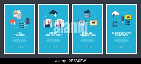 Vector set of vertical web banners with file transfer, backup data document, exchange data computer and cloud computing.Vector banner template for web Stock Vector