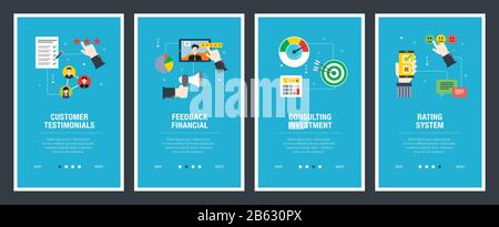 Web banners concept in vector with customer testimonials, feedback financial, consulting investment and rating system. Internet website banner concept Stock Vector