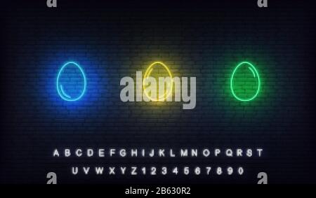 Easter neon eggs set. Glowing blue, yellow, green eggs icons with alphabet Stock Vector