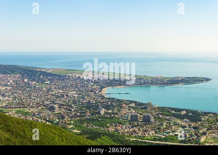 The view from the Markotkh mountain range in the Central and Eastern part of the city of Gelendzhik, a Thick Cape of Gelendzhik Bay of the Black sea. Stock Photo