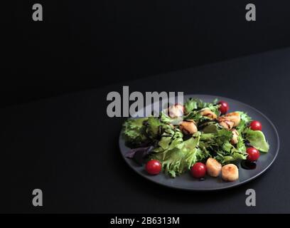 Fresh seared sea scallops salad with cucumber on dark background. Selective focus Stock Photo