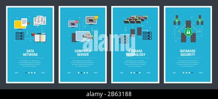 Vector set of vertical web banners with data network, computer server, storage technology and database security. Vector banner template for website an Stock Vector