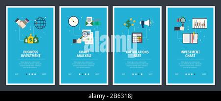 Vector set of vertical web banners with business investment, chart analysis, calculations rate and investment chart. Vector banner template for websit Stock Vector