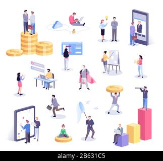 Isometric illustration of office workers and business people working together and mobile devices Stock Vector
