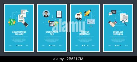Web banners concept in vector with accountancy balance, calculating tax, startup strategy and contract business. Internet website banner concept with Stock Vector