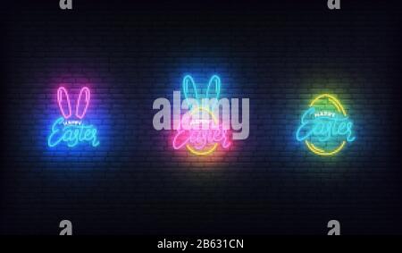 Easter neon lettering sign badges. Set of glowing colorful lettering logo for Easter Stock Vector
