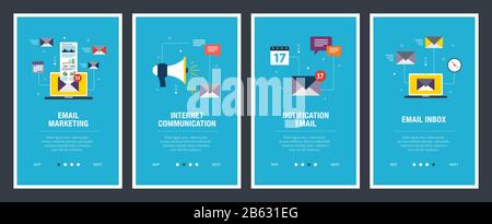 Vector set of vertical web banners with email marketing, internet communication, notification email and email inbox. Vector banner template for websit Stock Vector