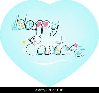 Holiday Easter vector Illustration, greeting postcard, poster, banner, flyer. Rabbit Bunny, Eggs, Flowers, Birds, leaves. Funny doodle composition fro Stock Vector