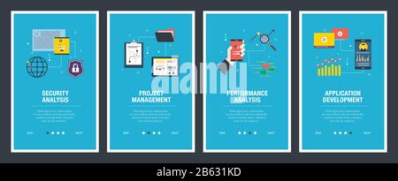 Web banners concept in vector with security analysis, project management, performance analysis and application development. Internet website banner co Stock Vector