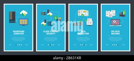 Vector set of vertical web banners with mainframe computer, cloud storage security,  data protection, big data machine. Vector banner template for web Stock Vector
