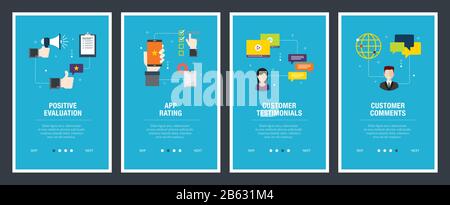 Vector set of vertical web banners with positive evaluation, app rating, customer testimonials and customer comments. Vector banner template for websi Stock Vector