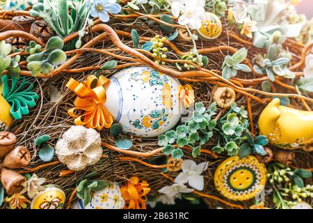 Easter decorated eggs on a wreath Stock Photo