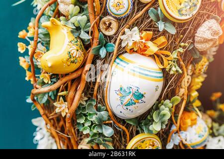 Easter decorated eggs on a wreath Stock Photo
