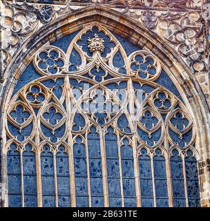 PRAGUE, CZECH REPUBLIC, 19 MARCH 2017: Closeup Detail view of decoration of the Gothic St. Vitus Cathedral in Prague, Czech Republic. Stock Photo