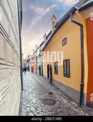 PRAGUE, CZECH REPUBLIC, 19 MARCH 2017: Fairy tale bright colored houses on the famous golden street named Zlata ulicka in Prague's castle Stock Photo