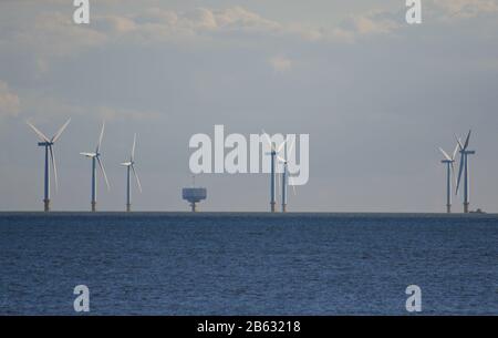 Wind Farm on Gunfleet Sands can be seen from the coast of Frinton on sea, Holland on sea, Walton on the Naze and Clacton on sea Essex Stock Photo