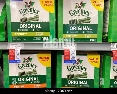 Orlando, FL/USA-3/7/20: A display of Greenies dog dental treats for sale at a Petsmart Superstore ready for pet owners to purchase for their pets. Stock Photo