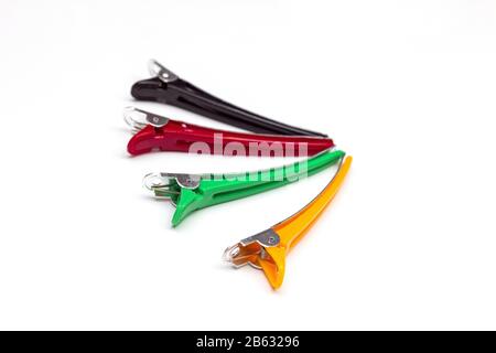 Colored hair clips isolated on white background. Stock Photo