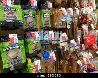 Orlando, FL/USA-3/7/20: A display of pet treats for sale at a Petsmart Superstore ready for pet owners to purchase for their pets. Stock Photo