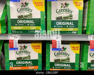 Orlando, FL/USA-3/7/20: A display of Greenies dog dental treats for sale at a Petsmart Superstore ready for pet owners to purchase for their pets. Stock Photo