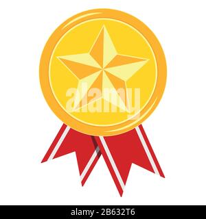Golden medal with red ribbon isolated on white background. Stock Vector