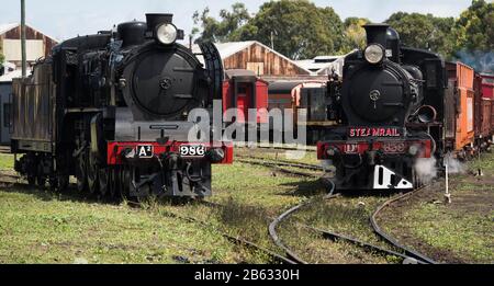 Two black and red, fully restored steam train engines pulling out of railway depot on sunny day. Stock Photo
