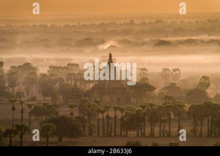 hot air balloons over landscape with Bagan temples, Myanmar, Asia. Stock Photo