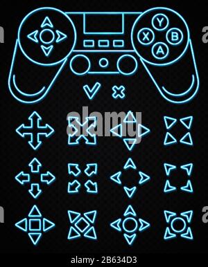 Neon game sign set on dark transparent background. Blue light arrow cursor icons. 3d retro 80s neon gaming style. Controller keys with direction cross Stock Vector