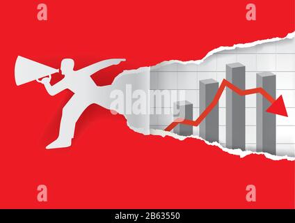 Running Man with megaphone and downword chart. Paper male silhouette ripping red paper with Business chart with red arrow going downs.Vector available Stock Vector