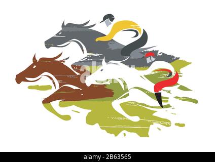 Horse Racing. Racing jockeys at Full Speed. Colorful illustration on white background. Vector available. Stock Vector