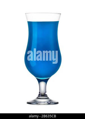 Blue curacao cocktail in hurricane glass isolated on white background