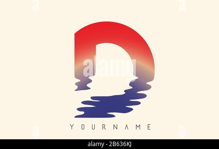 D Letter Logo Design with Water Effect and Sunset Gradient Vector Illustration. Stock Vector