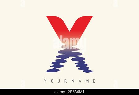 X Letter Logo Design with Water Effect and Sunset Gradient Vector Illustration. Stock Vector