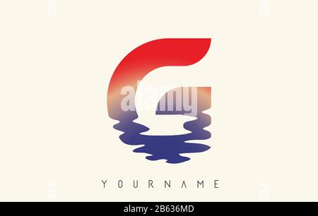 G Letter Logo Design with Water Effect and Sunset Gradient Vector Illustration. Stock Vector