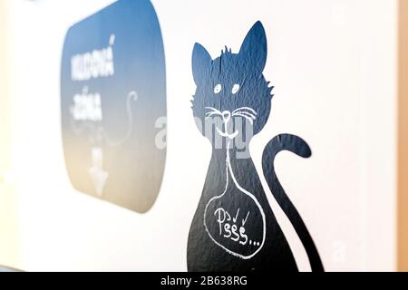 PRAGUE, CZECH REPUBLIC 19 MARCH 2017: Cat decoration painted on a wall in Cat-cafe in Praguee Stock Photo