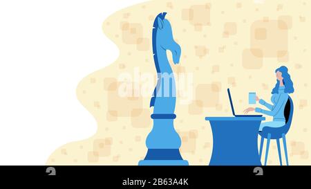 Business woman working for strategy with a chess horse icon. All the objects, shadows and background are in different layers. Stock Vector