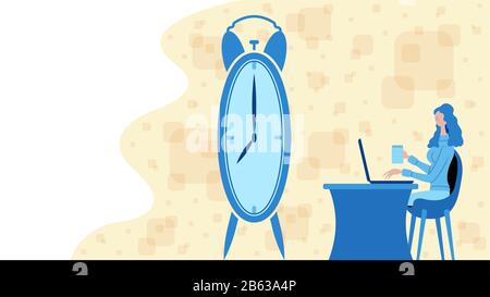 Business woman working part time with an alarm clock icon. All the objects, shadows and background are in different layers. Stock Vector
