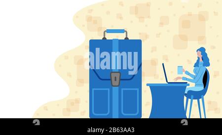 Business woman working for portfolio with a briefcase icon. All the objects, shadows and background are in different layers. Stock Vector