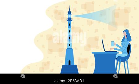 Business woman working for guide with a lighthouse icon. All the objects, shadows and background are in different layers. Stock Vector