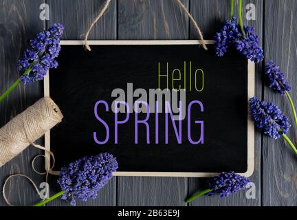 Hello Spring. Congratulatory bright lettering on a dark gray wooden background with spring lilac flowers. Stock Photo