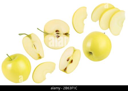 yellow apple with half isolated on white background with clipping path and full depth of field. Top view. Flat lay. Stock Photo