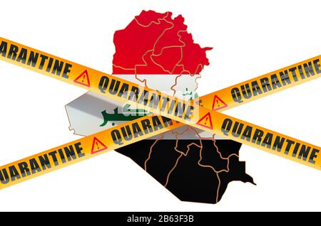 Quarantine in Iraq concept. Iraqi map with caution barrier tapes, 3D rendering isolated on white background Stock Photo