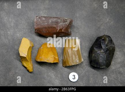 Flint (silex) and silicified cores. From  Neolithic Period. Spinazzola's Southern Sanctuary area. Paestum Archaeological Museum. Italy. Stock Photo