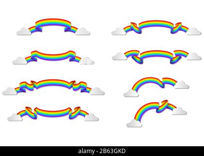 Set of ribbons with rainbow colors and clouds.  Rainbow banners or labels collection Stock Photo