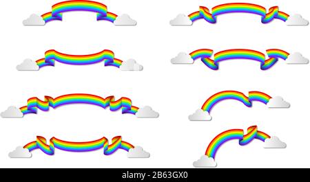 Set of ribbons with rainbow colors and clouds.  Rainbow banners or labels collection Stock Vector