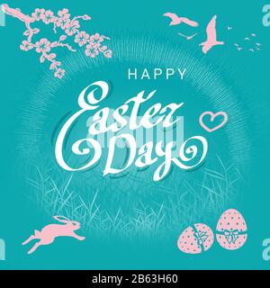 Happy Easter greeting card with rabbit and easter eggs on field grass. Stock Photo