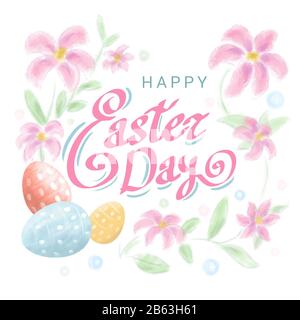 Colorful Happy Easter greeting card with flowers eggs Stock Photo