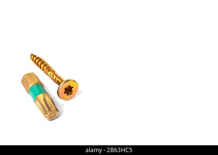 Torx screws with torx bit isolated on white close up Stock Photo