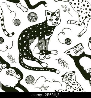 Funny Cats. Seamless pattern or background. Cute funny Domestic kitty poster. Sleeping animals. Hand drawn engraved sketch banner for fabric, textile Stock Vector